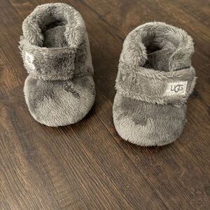 UGG Gray Plush Baby Booties with Hook-and-Loop Strap